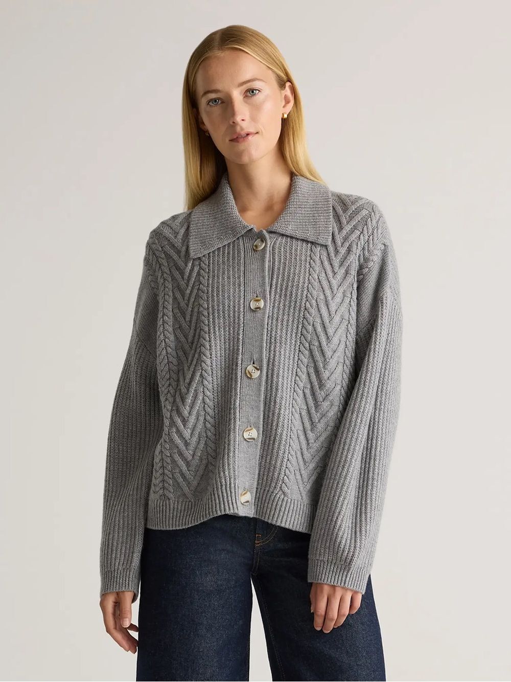 Quince Australian Merino Wool Collared Cable Cardigan Heather Grey XS - Picture 4 of 8